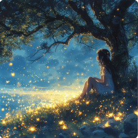 夜晚湖泊萤火虫动漫美女插画设计图片